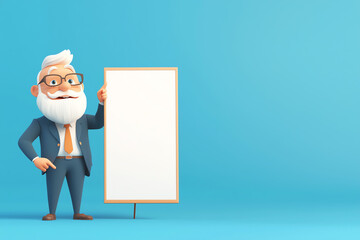 A cheerful elderly man with a beard stands next to a blank sign, ready to present ideas on a vibrant blue background.