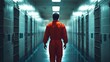 © LailaBee - Inmate in Orange Jumpsuit Walking Down Prison Corridor with Cell Doors on Both Sides