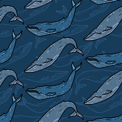 Vector seamless pattern with whale on dark background for typography, design, textiles