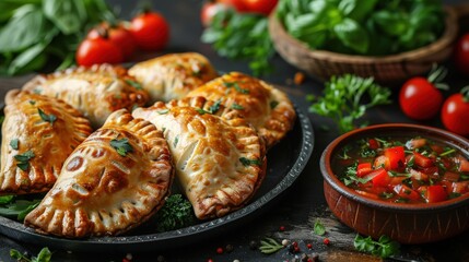 A plate of golden brown empanadas with a side of salsa and fresh herbs.