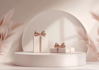 Wall Mural - Minimal abstract background for product presentation, a round podium with gift boxes and a bow in a beige color, geometric shapes, photorealistic.