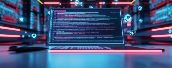 Wall Mural - futuristic laptop displaying vibrant code on screen, surrounded by a digital backdrop of neon lights
