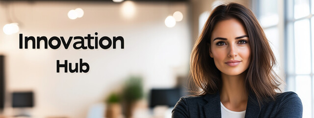 Confident young woman standing in a modern office setting with the words 'Innovation Hub' displayed. She has a pleasant smile, signifying professionalism and approachability.