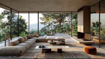 A luxurious mid-century modern living room with a large corner sofa, marble-top coffee table, minimalist fireplace, and panoramic windows overlooking a serene landscape