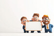 © Weerapat - Three cheerful cartoon characters holding a blank sign against a plain background, ideal for customizable marketing messages.