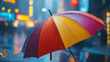 Sticker - Colorful Umbrella In Rain  City Lights Blurred Background