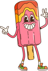 Fototapete - Retro cartoon groovy ice cream dessert character with a big, happy grin. Isolated vector popsicle personage striking a fun pose with hand showing peace sign. Summer treat personage in funky sneakers