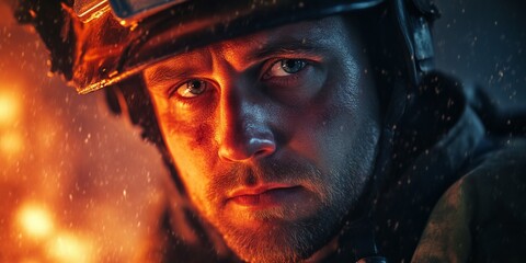 A focused soldier stares intensely with determination in a fiery background. The image captures the grit and bravery of modern warfare. A powerful representation of courage in action. AI