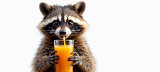 Raccoon drinking orange juice on white isolated background, advertising banner, mockup