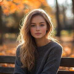 Poster - Beautiful Young Woman with Blonde Hair in Autumn Park