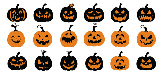 Wall Mural - Happy Halloween, eerie carved pumpkins, Set of Halloween scary pumpkins. creepy jack-o'-lantern designs, Spooky creepy pumpkins cut, Orange pumpkin with smile, vector illustration