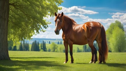  A chestnut horse rests in a bright green meadow, sunlight glimmering off its sleek coat as the horizon stretches into a blue sky --ar 3:2 --v 4