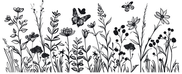 Wall Mural - wildflowers decoration vector illustration, herbs, plants, and butterflies flying around. Outline style vector illustration of wildflowers and grasses with various insects. Fashion sketch for design