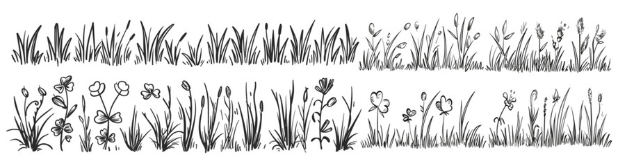 Wall Mural - hand drawn grass silhouette collection, Grass doodle sketch style set, grass field outline scribble background, sprout, flower, clover elements, vector illustration, grass line art design, botanical 