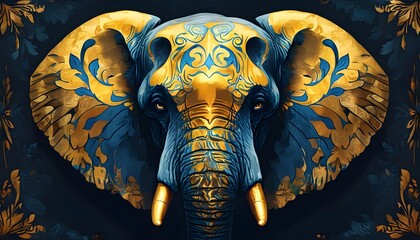 Wall Mural - Majestic elephant adorned with intricate gold and blue designs against a striking dark backdrop