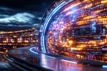 Wall Mural - futuristic digital landscape with vibrant lights, abstract technology, and sleek design creating a m