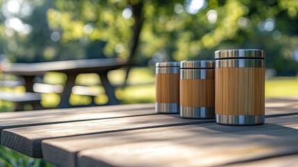 Eco-friendly lunch containers made of bamboo and stainless steel, placed on a wooden picnic table, with space for copy