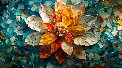 Wall Mural - An overhead shot of a vibrant mosaic made from broken pieces of colored glass and tiles, arranged to depict a blooming flower. The surface shines under natural light.