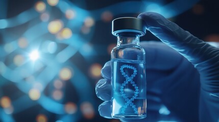 A vial of liquid held by a scientist with a DNA helix illustration in the background. Concept: genetics research in the healthcare sector.