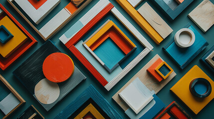 Wall Mural - An overhead view of a DIY photo frame assembly process, with a selection of wooden blocks and paint in various colors. 