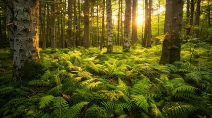 a forest floor covered in ferns and moss, bathed in the soft, golden light of the setting sun, creating a tranquil and natural atmosphere, with copy space for text