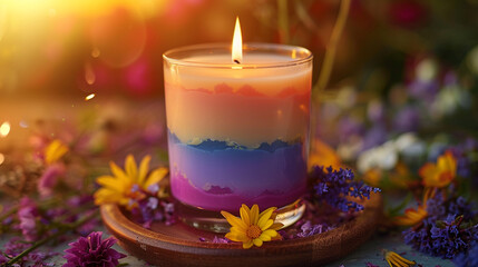 Wall Mural - A close-up shot of a DIY candle in a glass jar, with layers of different colored wax and a perfectly centered wick. The candle is placed on a wooden tray with dried flowers around it.