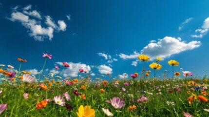 sunny meadow with a blanket of colorful wildflowers, the blue sky above dotted with a few fluffy clouds, creating a cheerful and inviting landscape, with copy space for text