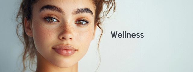 Wall Mural - Close-up portrait of a young woman with curly hair and freckles, promoting wellness in a serene, light background.