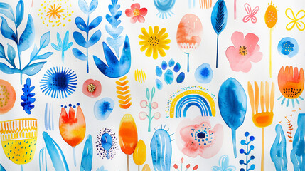 Wall Mural - A detailed image of a DIY sticker sheet, showcasing a variety of hand-painted watercolor designs, including flowers, rainbows, and abstract shapes.