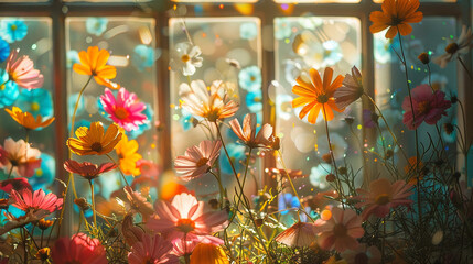 Wall Mural - A detailed image of a DIY suncatcher made from pressed flowers encased in resin. 