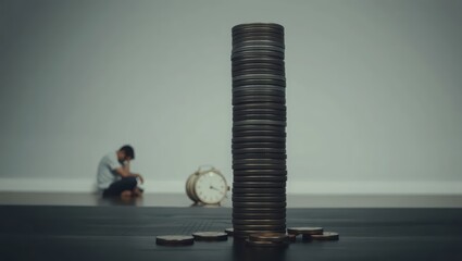 Stack of Coins With Depresse Man In Backgroun