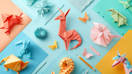 Wall Mural - A flat lay of a completed origami animal collection, featuring various folded animals in different colors,