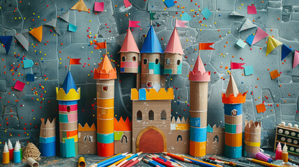 Wall Mural - A flat lay of a DIY cardboard castle, decorated with colorful markers and paper flags, displayed with extra markers, glue, and paper scraps on a medieval-themed background.