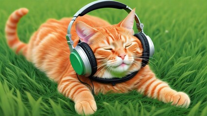 Wall Mural - A red-haired cat lies on the grass and listens to music with green headphones