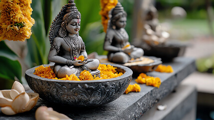 Serene statues of deities adorned with vibrant flowers, embodying tranquility and spirituality in a lush garden setting.