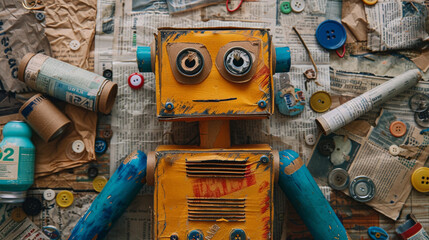 A flat lay of a recycled materials robot craft, made from cardboard boxes, bottle caps, and buttons, displayed with additional upcycled materials like old newspapers and fabric scraps.