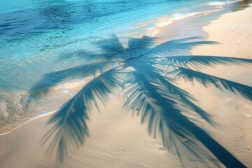 Palm tree shadows on blue water background, palm branch on beach pattern, ocean wave sunlight palm shadow