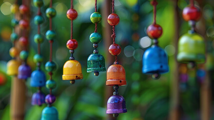 Wall Mural - A vibrant DIY wind chime made from colorful, painted wooden beads and metal bells, hanging from a sturdy bamboo ring. The beads are arranged in a rainbow pattern, creating a cheerful, lively display.