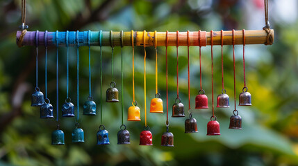 Wall Mural - A vibrant DIY wind chime made from colorful, painted wooden beads and metal bells, hanging from a sturdy bamboo ring. The beads are arranged in a rainbow pattern, creating a cheerful, lively display.