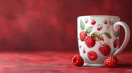 Wall Mural - A white coffee mug hand-painted with juicy raspberries and small green leaves, isolated on a rich red background.