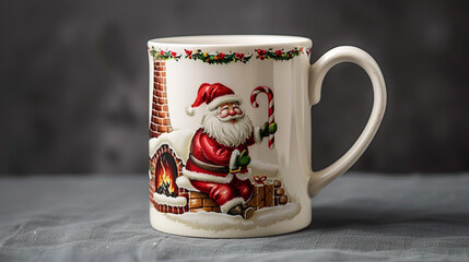 Wall Mural - A white coffee mug with a hand-painted Santa in a chimney, holding a candy cane, isolated on a soft grey background.