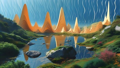 Harmonious Fusion of Sound Wave Shapes in a Serene Nature Landscape