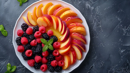 Wall Mural - A flat lay of a colorful fruit platter featuring sliced peaches, raspberries, and blackberries, arranged in a circular pattern with a drizzle of honey on a white plate.