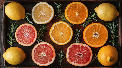 Wall Mural - A flat lay of a mixed citrus fruit platter with whole and halved grapefruits, oranges, and lemons, arranged with scattered rosemary sprigs on a dark wooden background.