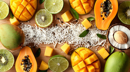 Wall Mural - A flat lay of tropical fruits with sliced kiwi, mango, and papaya, arranged with a scattering of coconut flakes and lime wedges on a light wooden background.