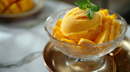 Wall Mural - A luxurious dessert plate with a small scoop of mango sorbet, garnished with a fan of thinly sliced mango and a sprig of fresh mint, served in a shallow glass dish on a marble background.