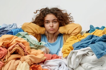 Unhappy woman near washing machine with big laundry pile isolated, upset woman, tired of washing n