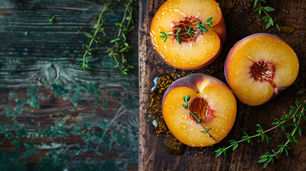 Wall Mural - A minimalist presentation of a single, perfectly ripened peach, halved and arranged with a drizzle of honey and a few sprigs of fresh thyme, on a rustic wooden board.