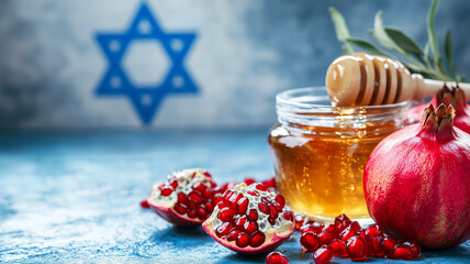 Rosh hashanah, jewish new year holiday, background with pomegranate and honey, traditional food for celebration 