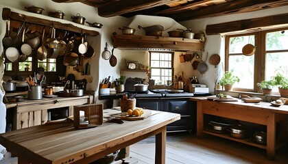 Charming rustic kitchen showcasing cooking utensils with spacious table in the foreground inviting creativity